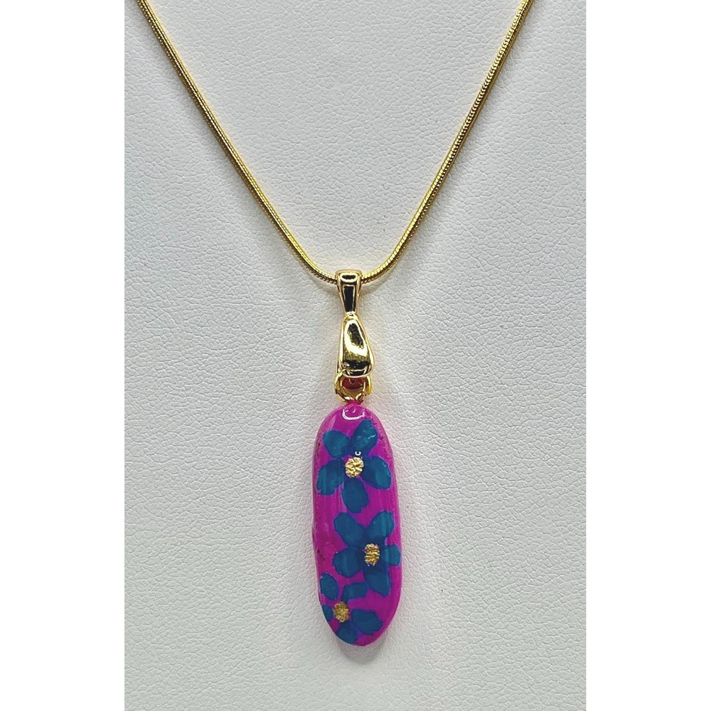 Polymer Clay Floral Bar Pendant Necklace, Boho Cottagecore Art Jewelry Colorful - Picture 5 of 5